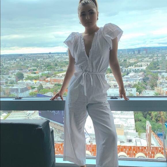 Zara White Rustic Jumpsuit Bloggers fav Size M Wide leg Belted - Picture 2 of 16